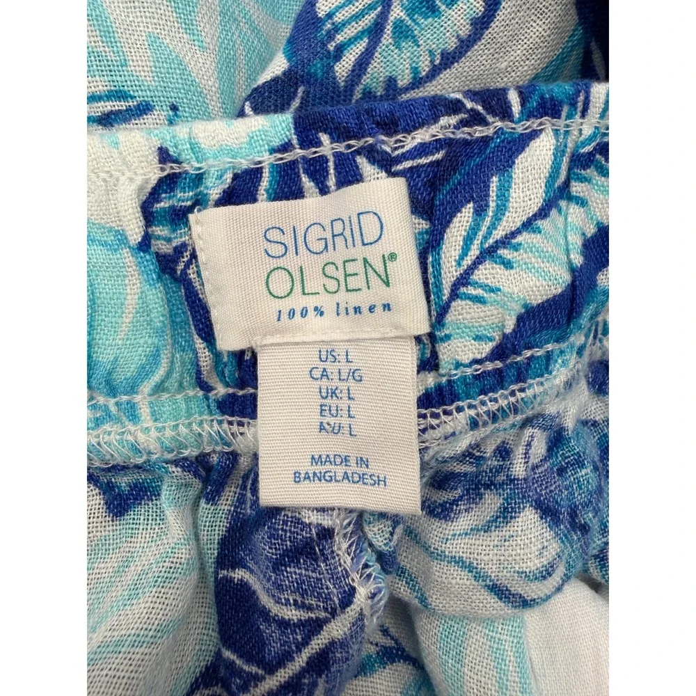 Sigrid Olsen Linen Tropical Leaf Pants Womens L Blue White Elastic Waist Tassel